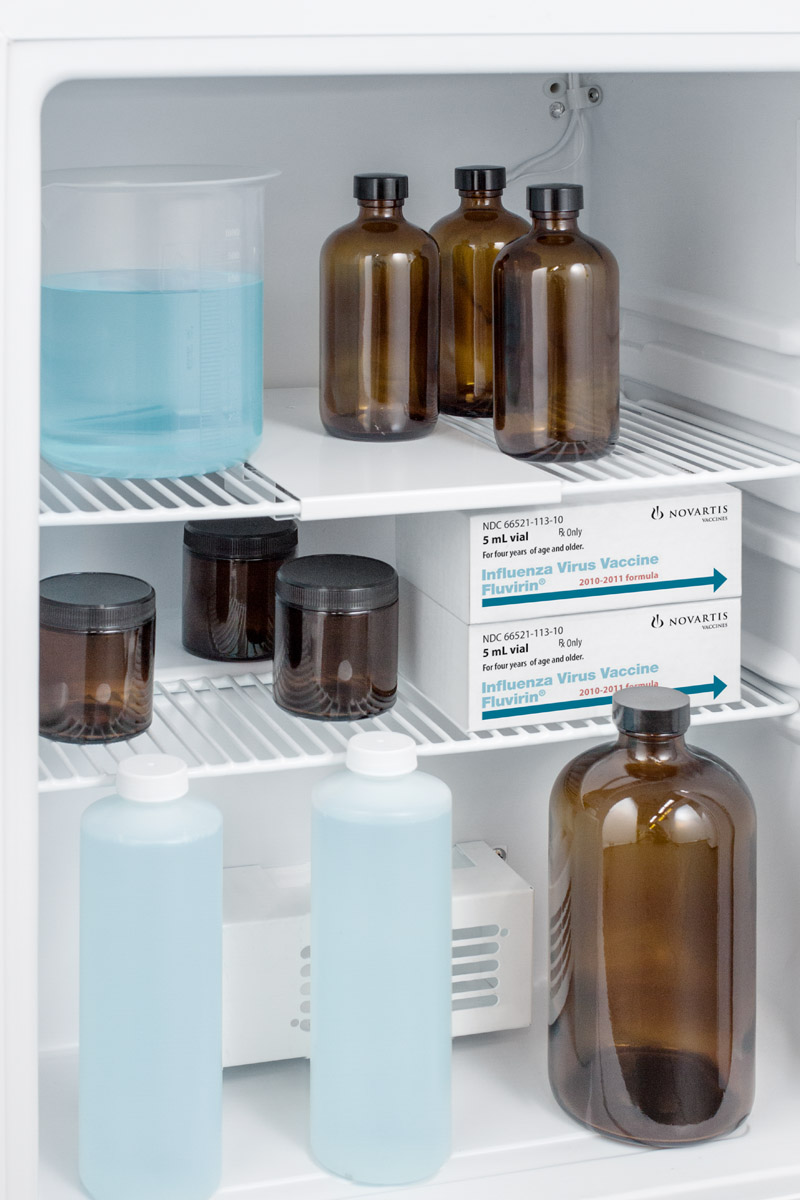 Compact auto defrost medical/scientific all-refrigerator with digital thermostat, NIST calibrated thermometer/alarm, front lock, hospital grade cord, and internal fan